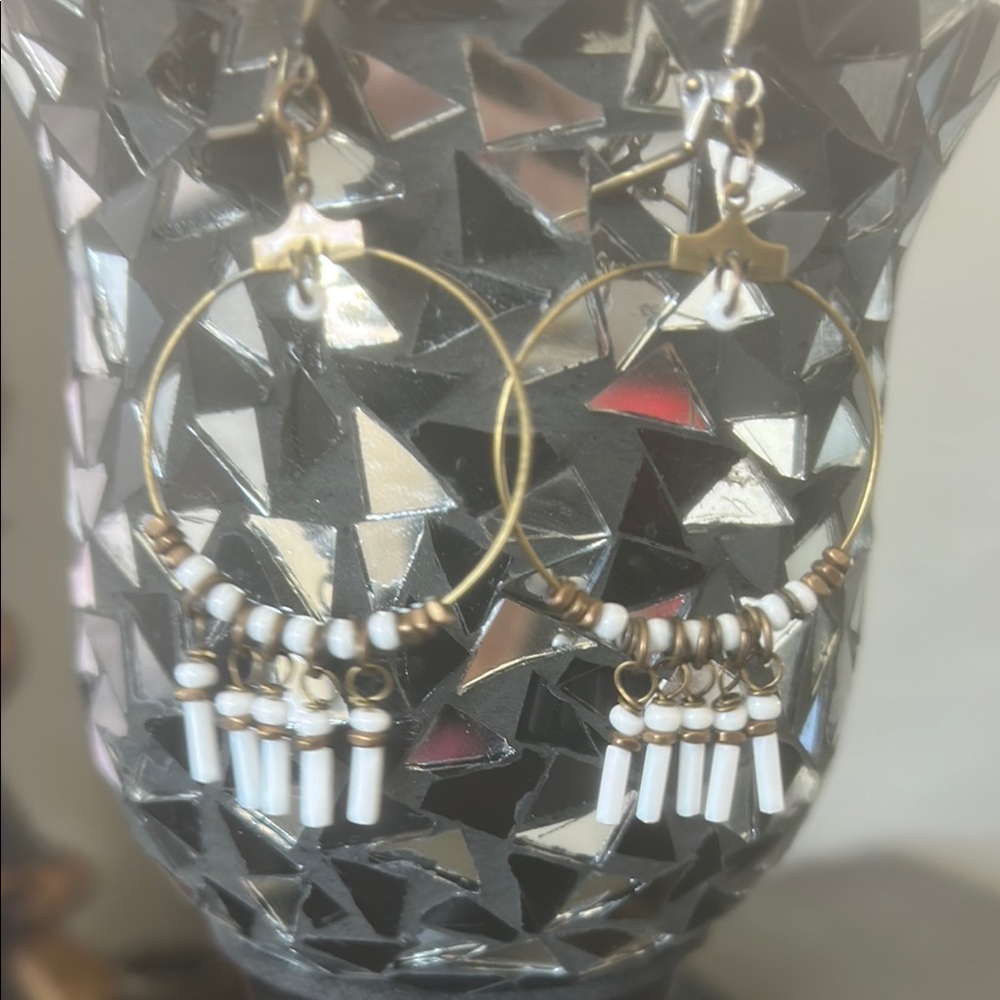 Elegant Gold and White Beaded Dangle Earrings